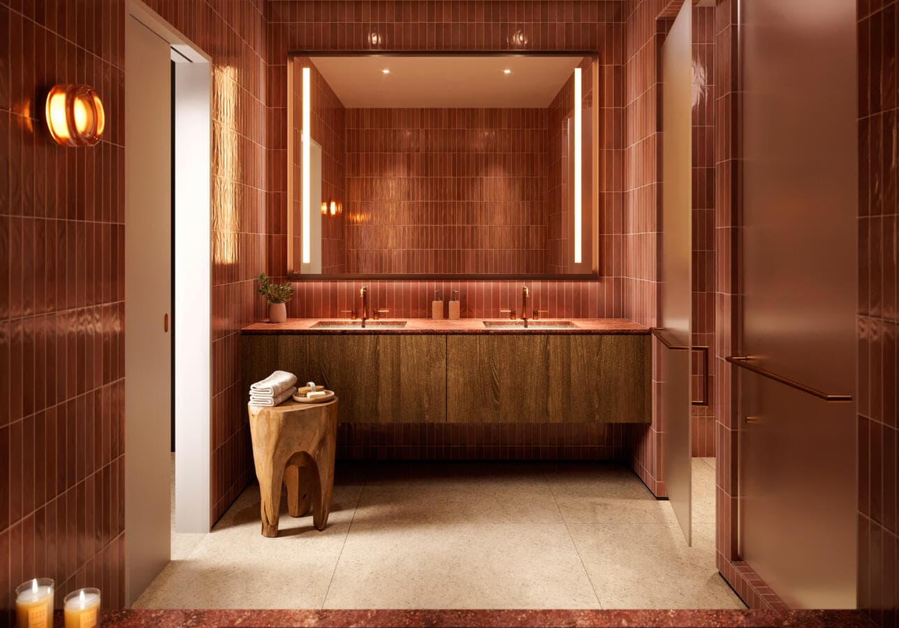 Spa-inspired bathroom with marble finishes in a Jean-Georges Miami Tropic luxury residence