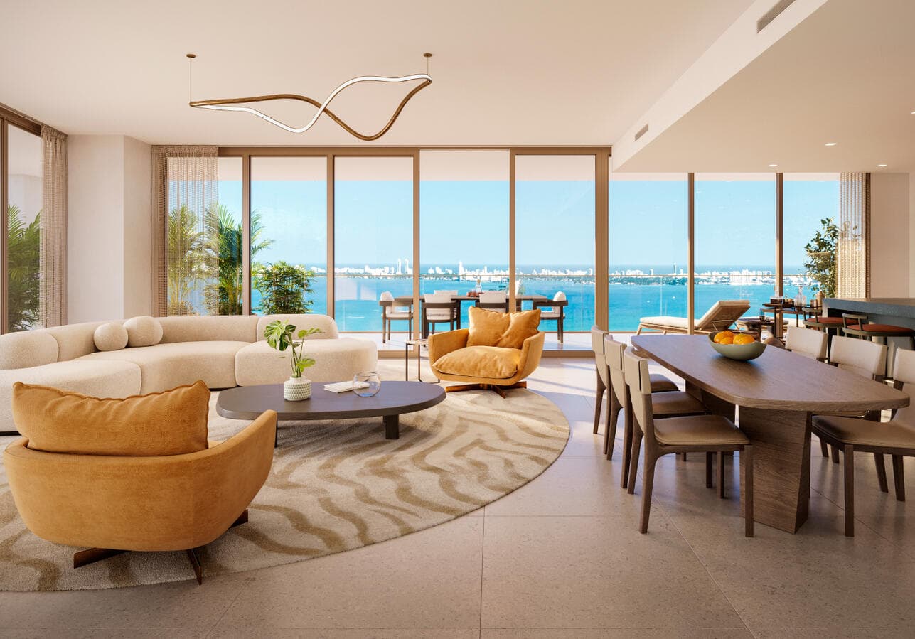 Elegant interior of a Jean-Georges Miami Tropic Residence with floor-to-ceiling windows and designer finishes